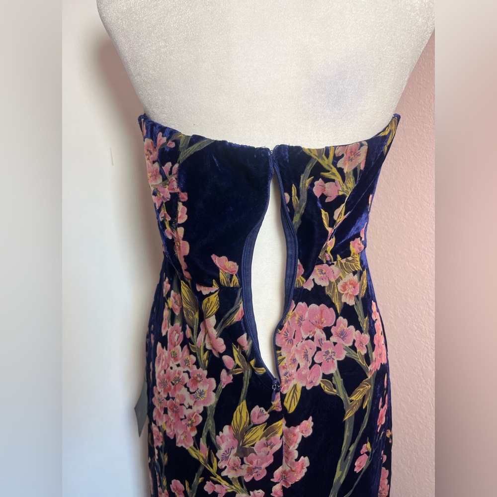Bloom In Mind Navy Blue Floral Print Velvet Strapless Maxi Dress *Damaged - Picture 5 of 14